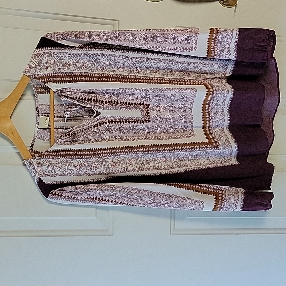 Ecru Silk Maroon Paisley Long Sleeve Shirt Size L